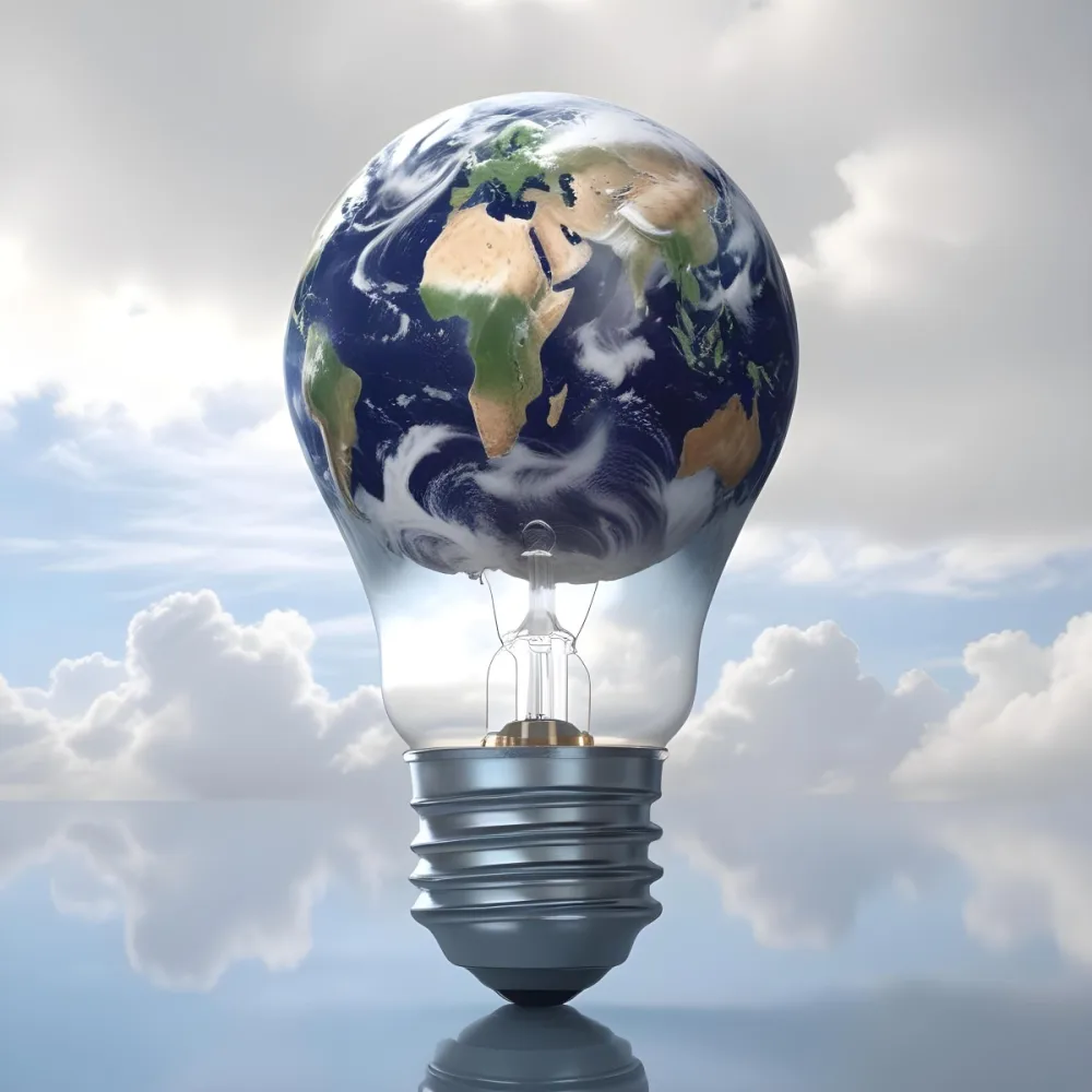 A Light Bulb With The Earth As The Bulb The Base Is White And Metallic In A Cloudy Sky Background 5 011a