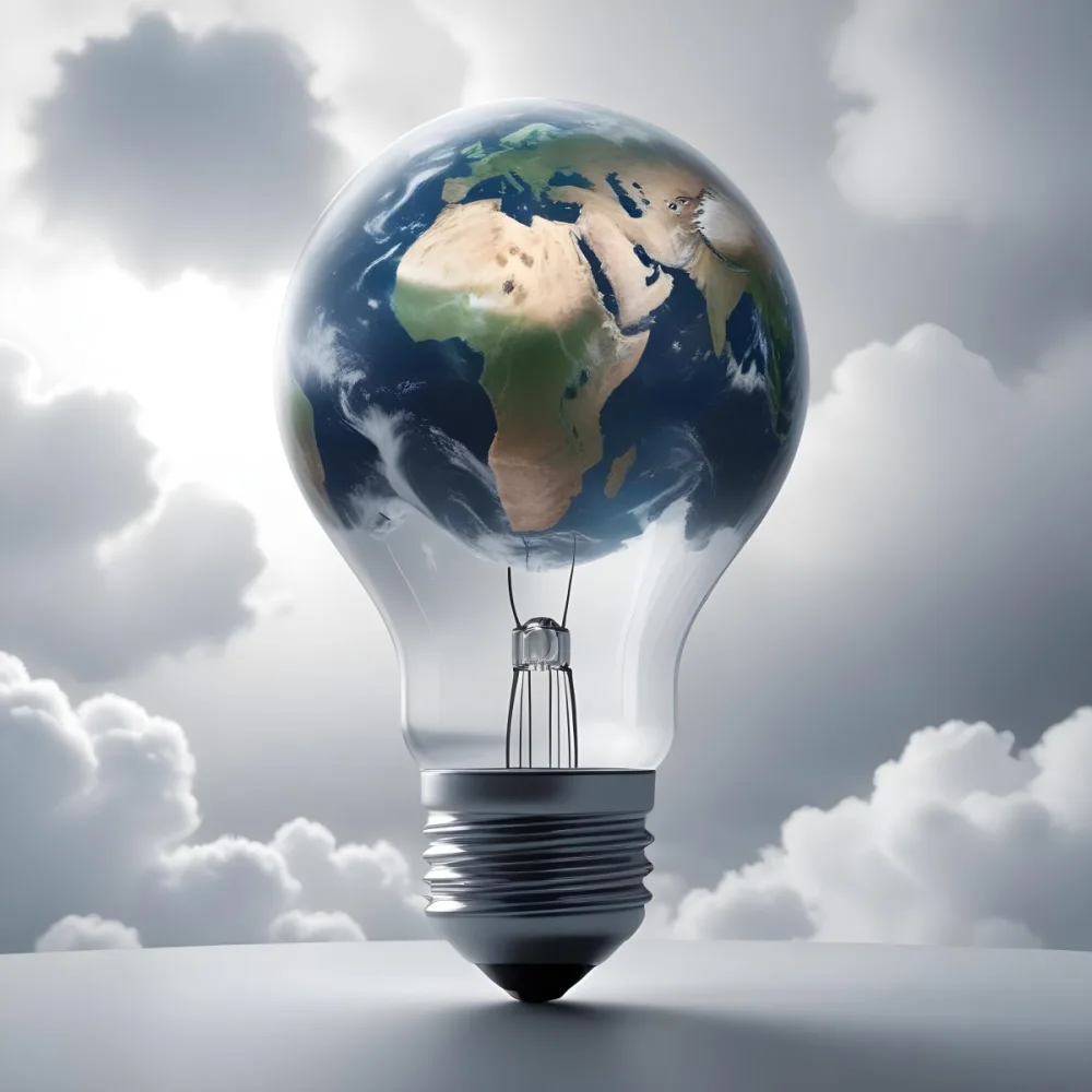 A Light Bulb With The Earth As The Bulb The Base Is White And Metallic In A Cloudy Sky Background 6 E7c5