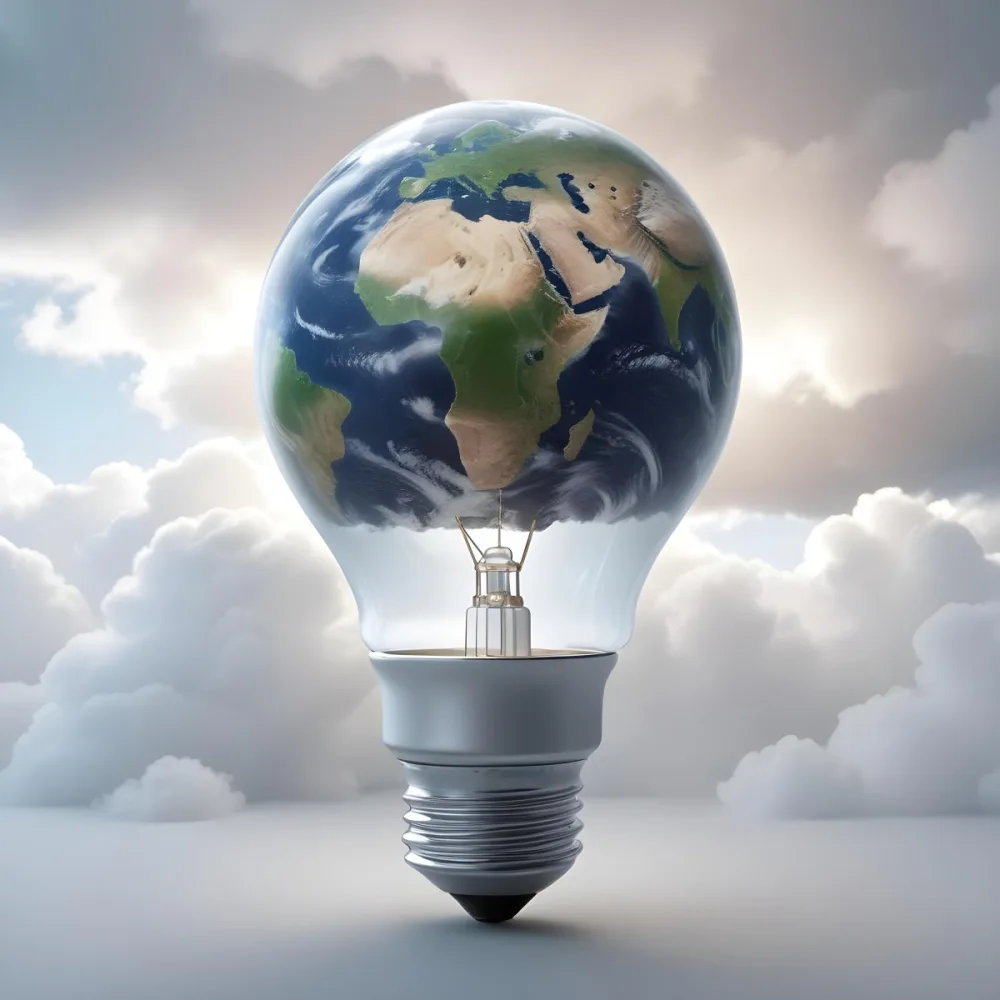 A Light Bulb With The Earth As The Bulb The Base Is White And Metallic In A Cloudy Sky Background 7 1987