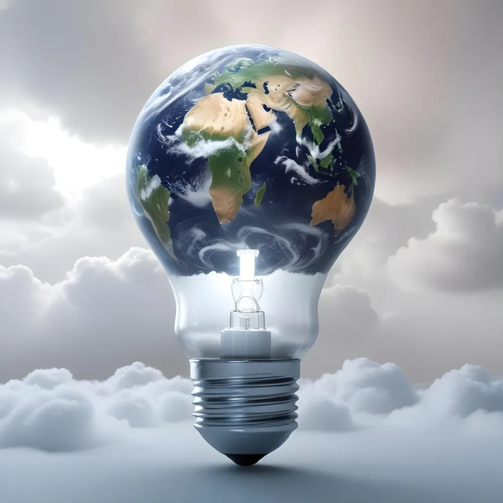 A Light Bulb With The Earth As The Bulb The Base Is White And Metallic In A Cloudy Sky Background 8 E129