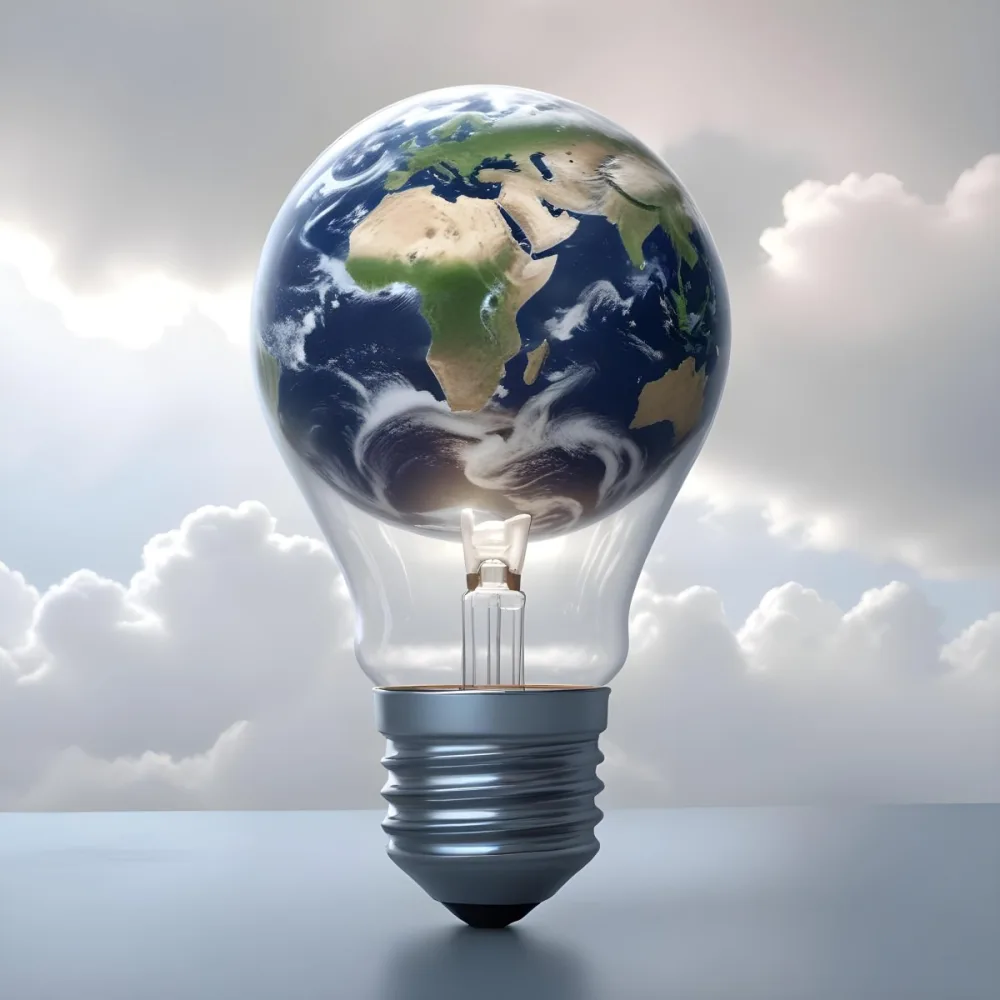 A Light Bulb With The Earth As The Bulb The Base Is White And Metallic In A Cloudy Sky Background 9 0940