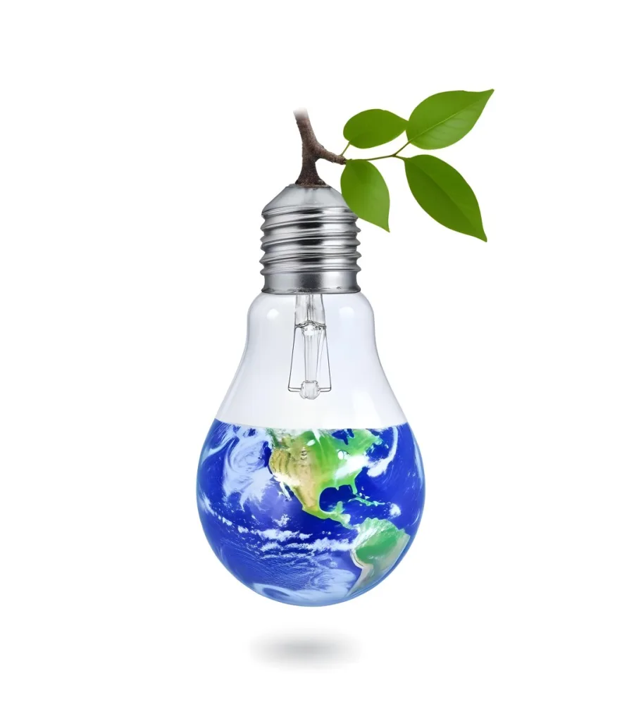 A Light Bulb With The Planet Earth Inside And A Branch With Green Leaves Coming Out Of The Top On A Green Background 6 5c57