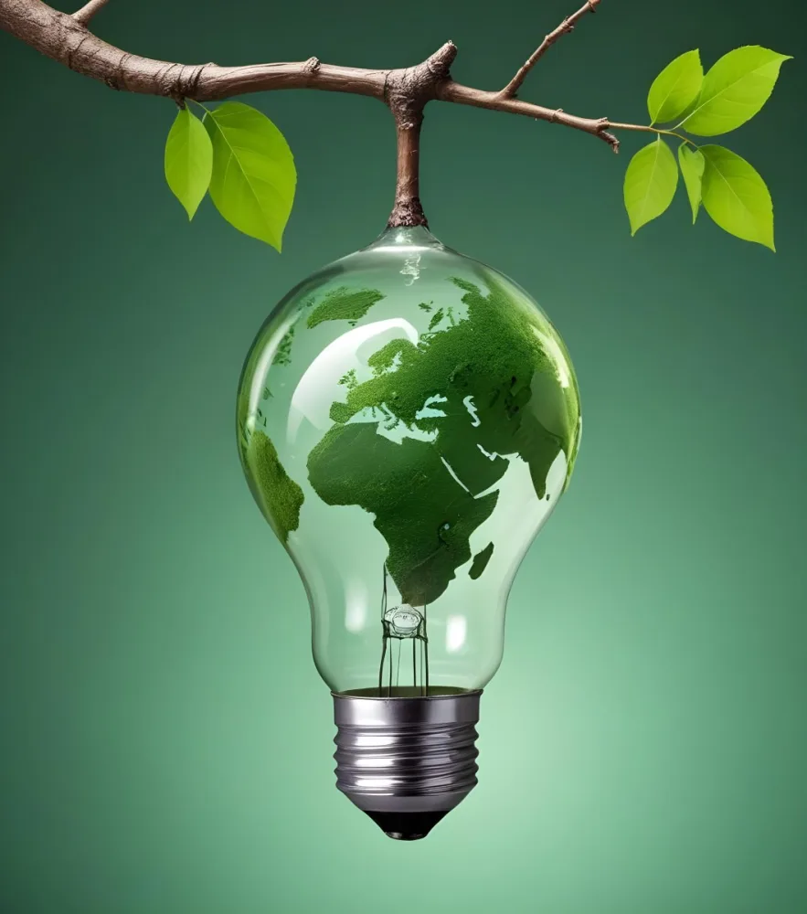A Light Bulb With The Planet Earth Inside And A Branch With Green Leaves Coming Out Of The Top On A Green Background 8 738e