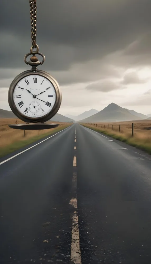 A Long Straight Road Stretching Into The Distance With A Pocket Watch Hanging In The Foreground The Road Is Surrounded By A Grassy Landscape With A Hazy Mountainous Background 5 31ce