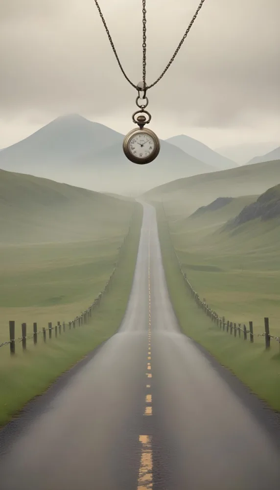 A Long Straight Road Stretching Into The Distance With A Pocket Watch Hanging In The Foreground The Road Is Surrounded By A Grassy Landscape With A Hazy Mountainous Background 6 C21d