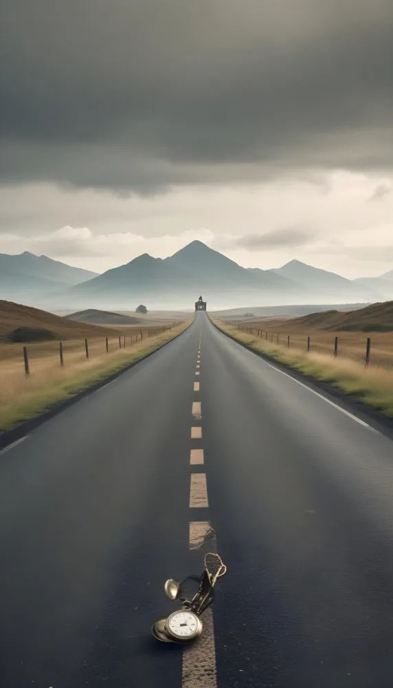 A Long Straight Road Stretching Into The Distance With A Pocket Watch Hanging In The Foreground The Road Is Surrounded By A Grassy Landscape With A Hazy Mountainous Background 7 08b1