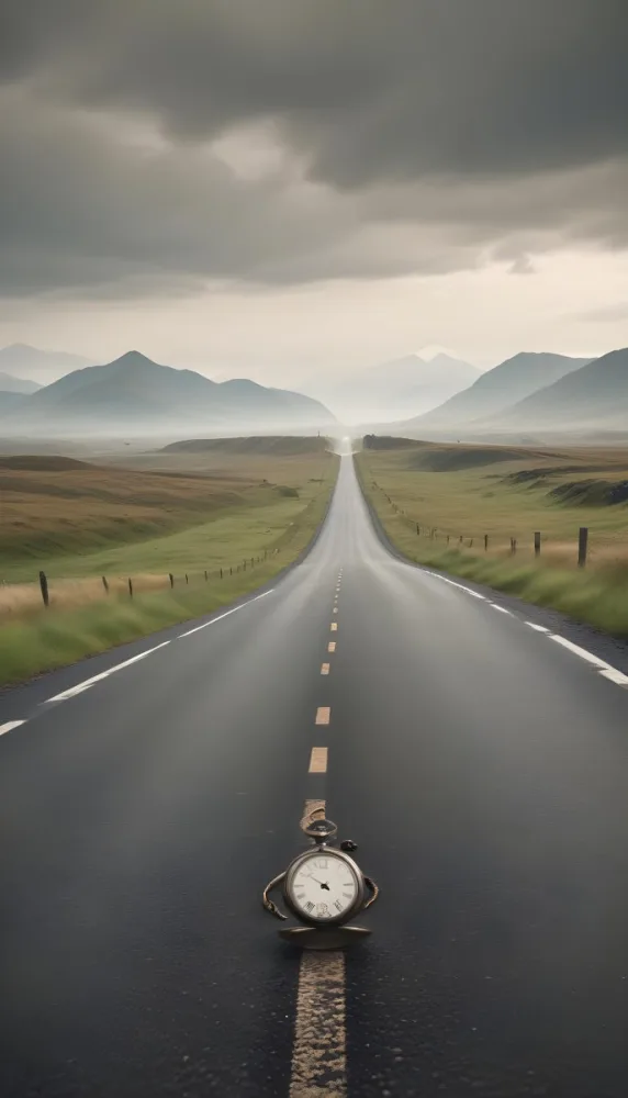 A Long Straight Road Stretching Into The Distance With A Pocket Watch Hanging In The Foreground The Road Is Surrounded By A Grassy Landscape With A Hazy Mountainous Background 8 76dc
