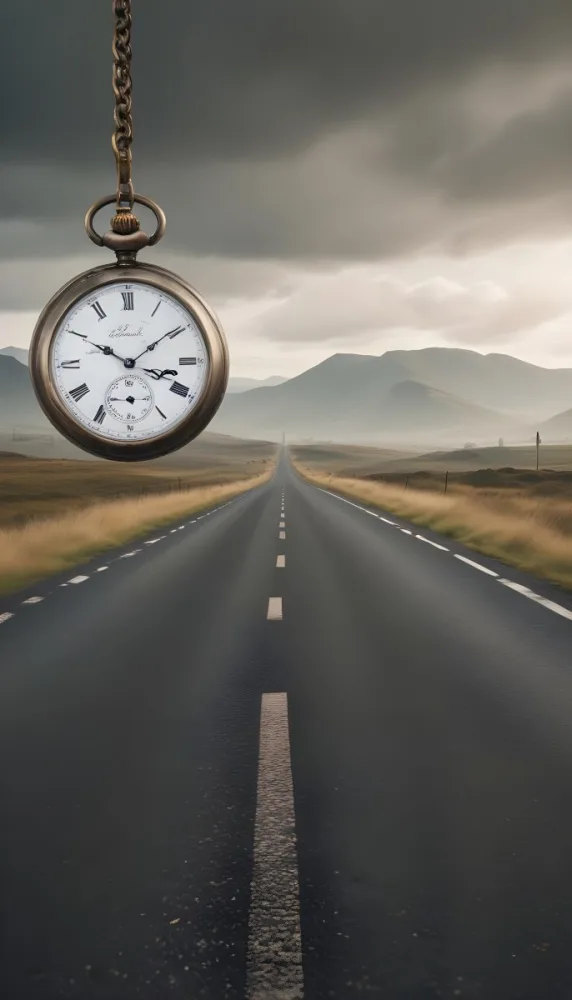 A Long Straight Road Stretching Into The Distance With A Pocket Watch Hanging In The Foreground The Road Is Surrounded By A Grassy Landscape With A Hazy Mountainous Background 9 30cb