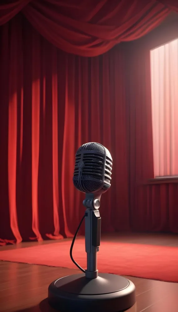 A Microphone On A Stage With Red Curtains In The Background 5 1138