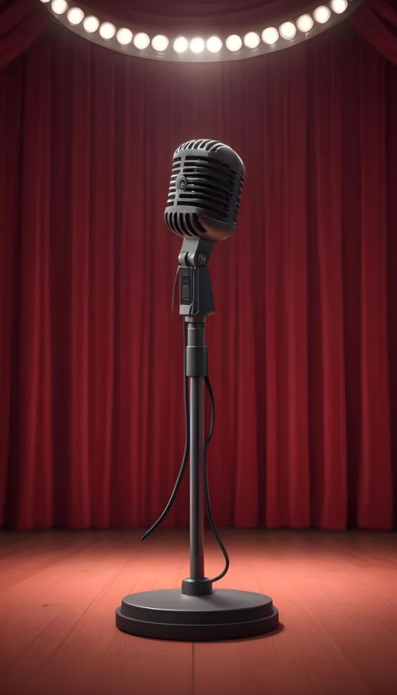 A Microphone On A Stage With Red Curtains In The Background 6 Db30