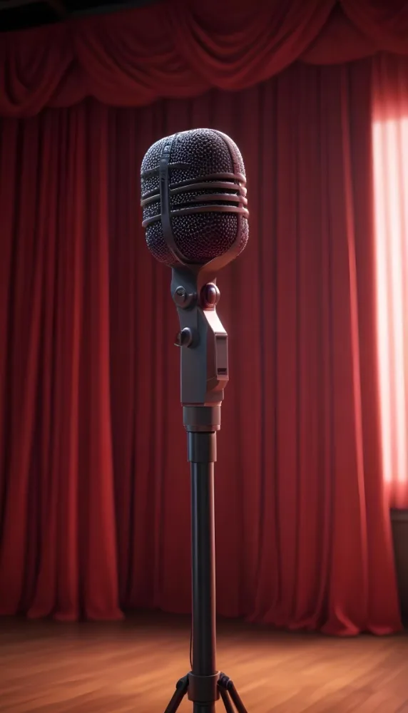 A Microphone On A Stage With Red Curtains In The Background 7 7305