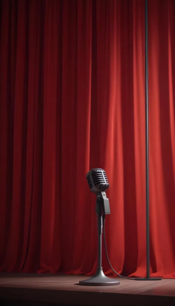 A Microphone On A Stage With Red Curtains In The Background 8 547c