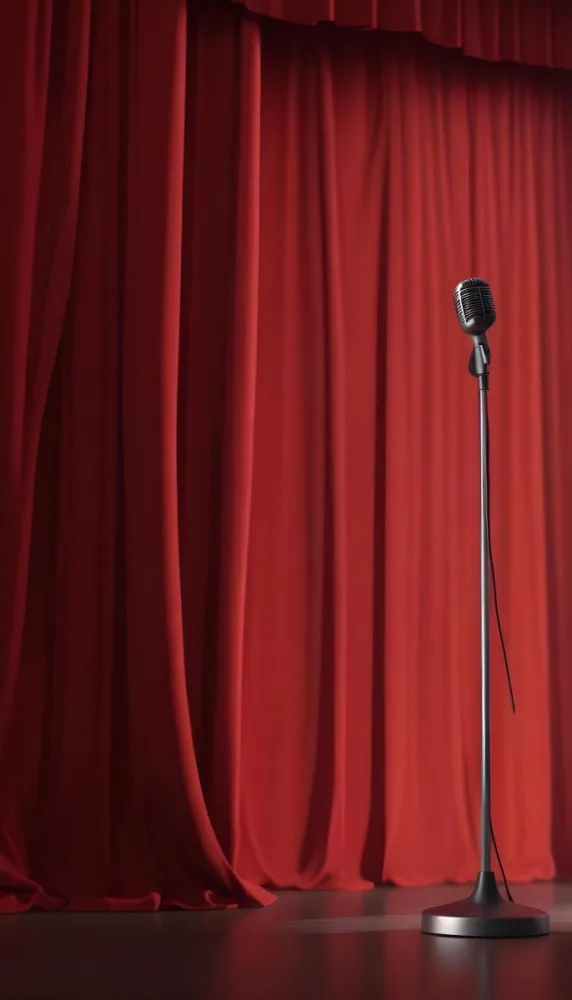 A Microphone On A Stage With Red Curtains In The Background 9 40f9