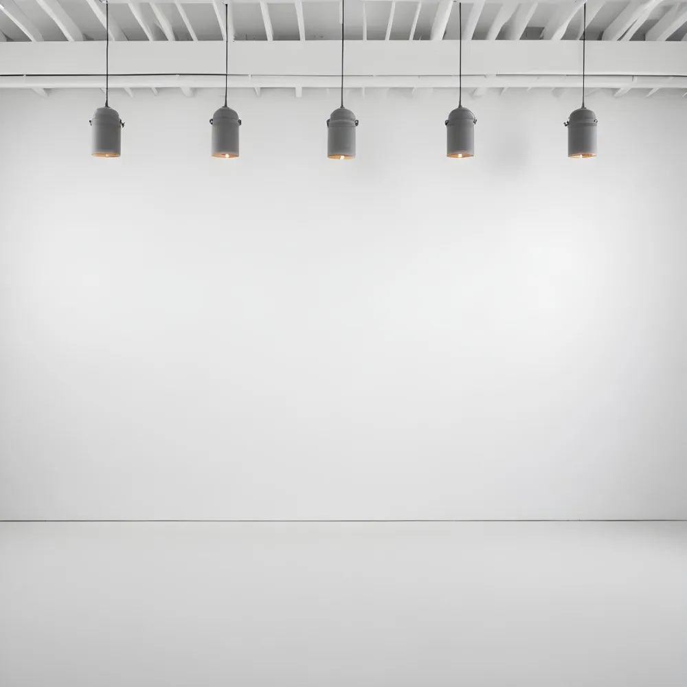 A Minimalist White Room With A High Ceiling And Hanging Pendant Lights 32 9a2f