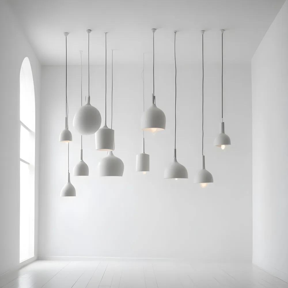 A Minimalist White Room With A High Ceiling And Hanging Pendant Lights 41 08a4