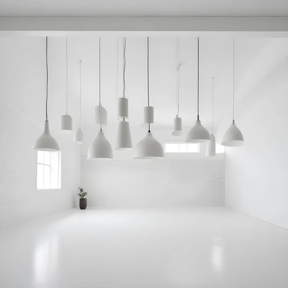 A Minimalist White Room With A High Ceiling And Hanging Pendant Lights 43 4fc1