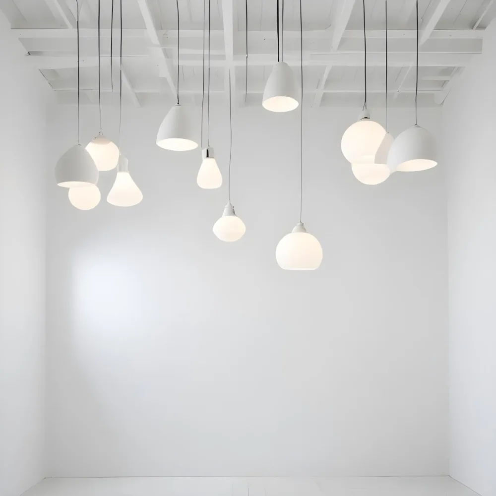 A Minimalist White Room With A High Ceiling And Hanging Pendant Lights 47 D087