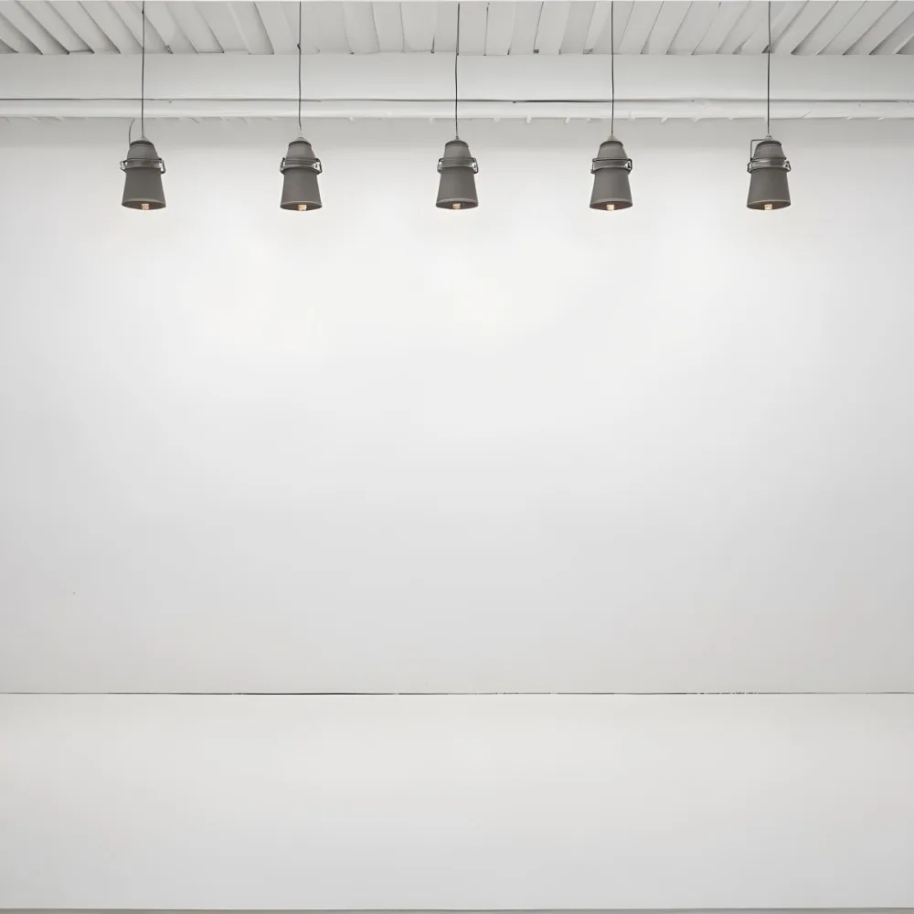 A Minimalist White Room With A High Ceiling And Hanging Pendant Lights 52 Ec33