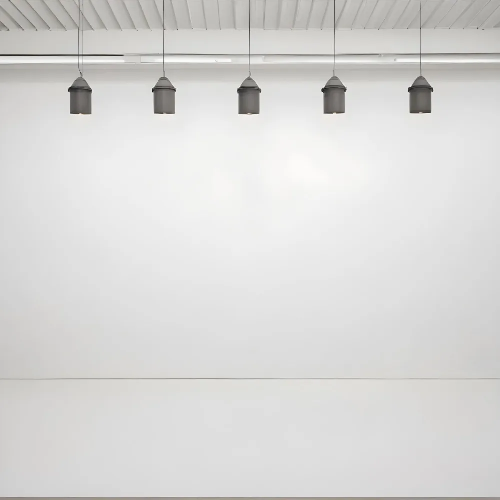 A Minimalist White Room With A High Ceiling And Hanging Pendant Lights 55 A3e1