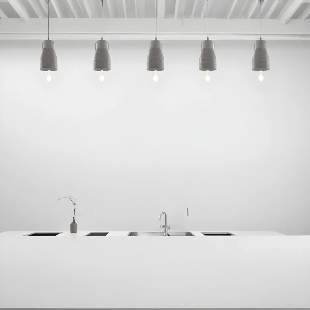 A Minimalist White Room With A High Ceiling And Hanging Pendant Lights 8 015c