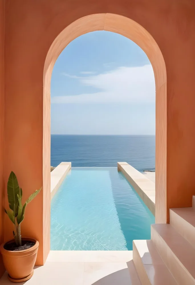 A Modern Infinity Pool Overlooking A Calm Turquoise Ocean Under A Clear Sky Framed By An Arched Doorway With Orange Walls 10 4311
