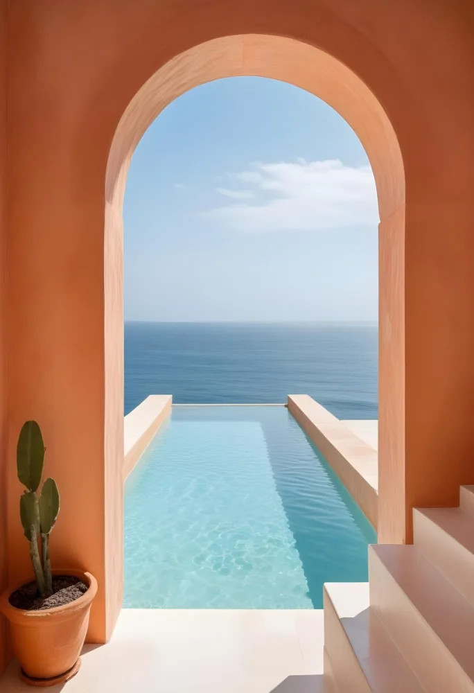 A Modern Infinity Pool Overlooking A Calm Turquoise Ocean Under A Clear Sky Framed By An Arched Doorway With Orange Walls 11 32d9