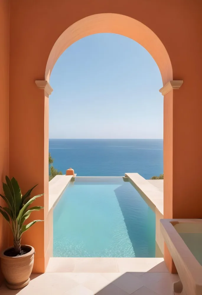 A Modern Infinity Pool Overlooking A Calm Turquoise Ocean Under A Clear Sky Framed By An Arched Doorway With Orange Walls 14 3f6d