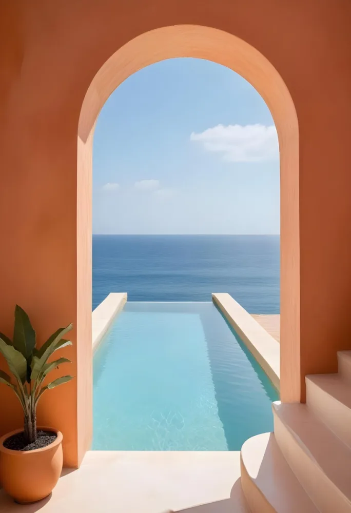 A Modern Infinity Pool Overlooking A Calm Turquoise Ocean Under A Clear Sky Framed By An Arched Doorway With Orange Walls 15 44d9