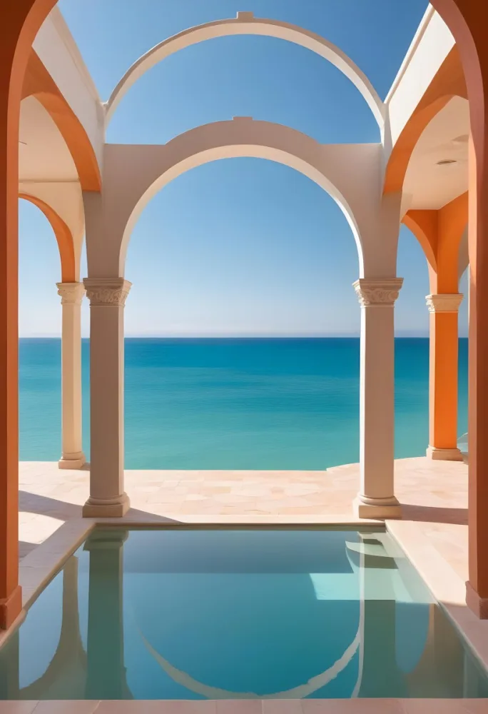 A Modern Infinity Pool Overlooking A Calm Turquoise Ocean Under A Clear Sky Framed By An Arched Doorway With Orange Walls 19 A22a