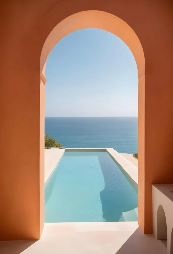 A Modern Infinity Pool Overlooking A Calm Turquoise Ocean Under A Clear Sky Framed By An Arched Doorway With Orange Walls 2 3e25