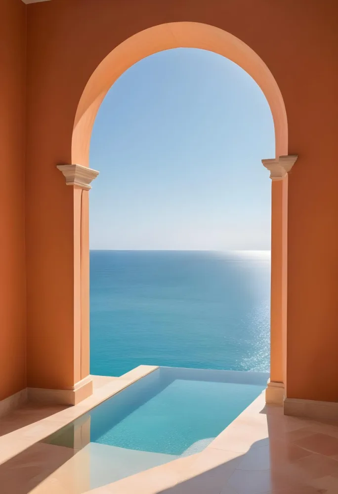 A Modern Infinity Pool Overlooking A Calm Turquoise Ocean Under A Clear Sky Framed By An Arched Doorway With Orange Walls 21 E81c