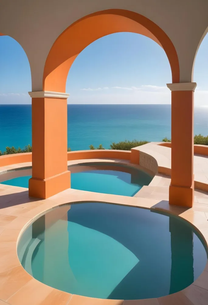 A Modern Infinity Pool Overlooking A Calm Turquoise Ocean Under A Clear Sky Framed By An Arched Doorway With Orange Walls 22 Fde5