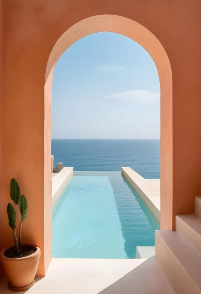 A Modern Infinity Pool Overlooking A Calm Turquoise Ocean Under A Clear Sky Framed By An Arched Doorway With Orange Walls 4 Fa49