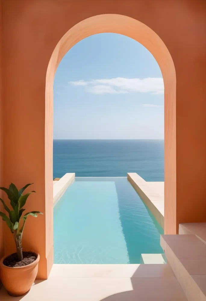 A Modern Infinity Pool Overlooking A Calm Turquoise Ocean Under A Clear Sky Framed By An Arched Doorway With Orange Walls 5 Ecfe