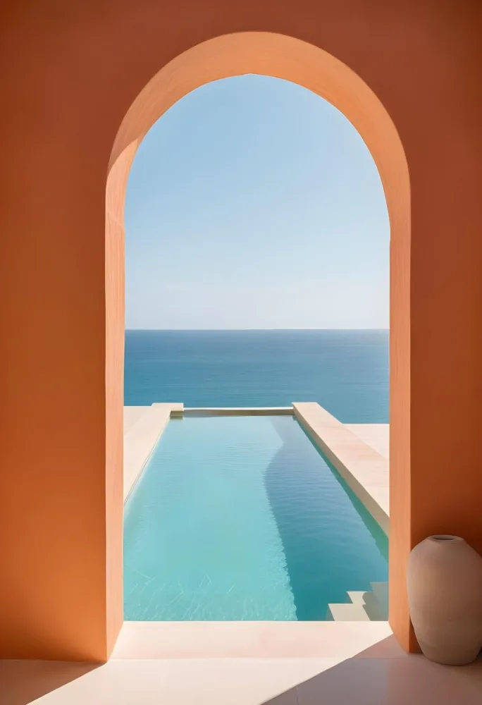 A Modern Infinity Pool Overlooking A Calm Turquoise Ocean Under A Clear Sky Framed By An Arched Doorway With Orange Walls 6 0816