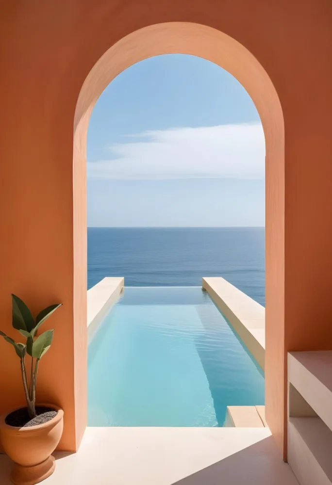 A Modern Infinity Pool Overlooking A Calm Turquoise Ocean Under A Clear Sky Framed By An Arched Doorway With Orange Walls 9 1e9d