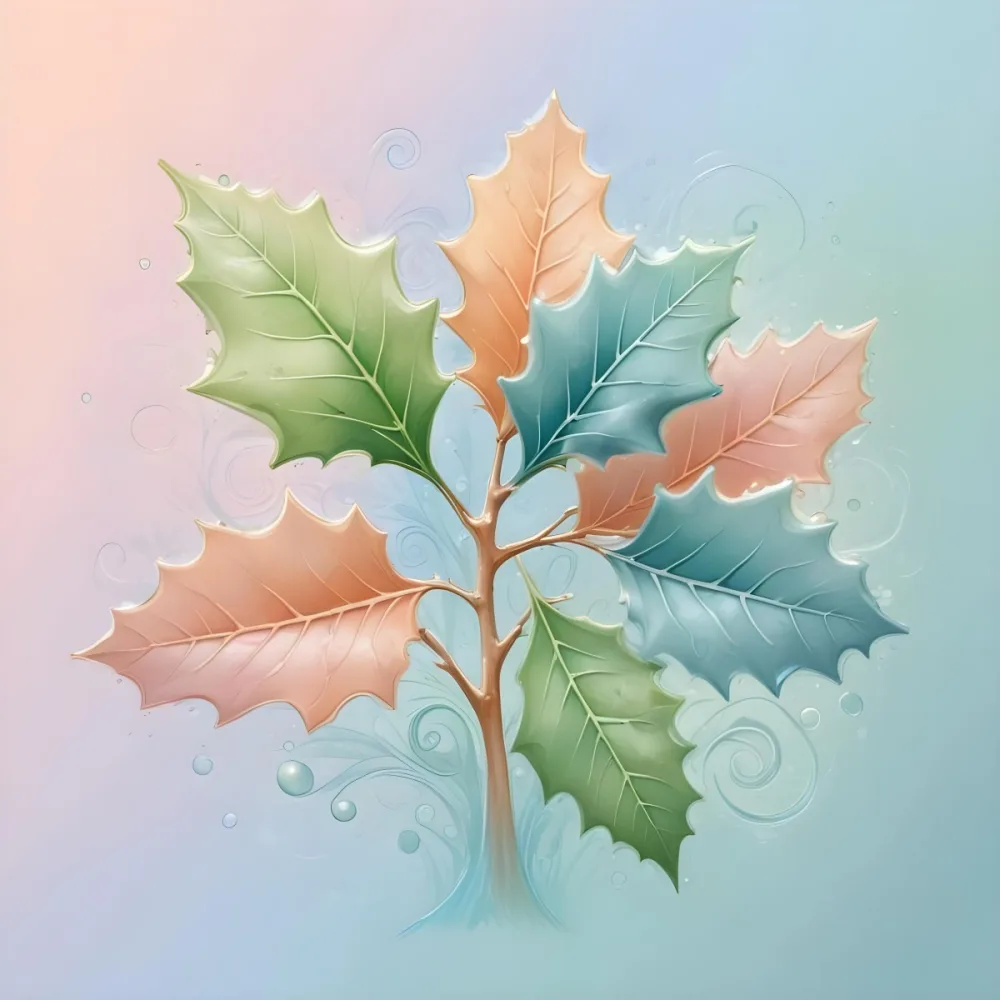 A Pastel Colored Holly Tree With Leaves In Shades Of Green Peach And Blue Set Against A Soft Gradient Background With Swirls And Water Droplets 10 A468