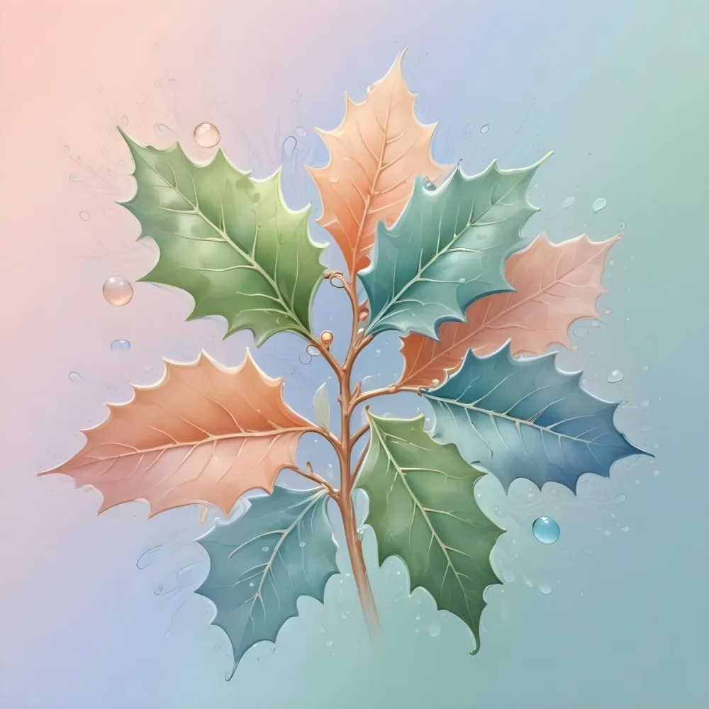 A Pastel Colored Holly Tree With Leaves In Shades Of Green Peach And Blue Set Against A Soft Gradient Background With Swirls And Water Droplets 13 0c2f