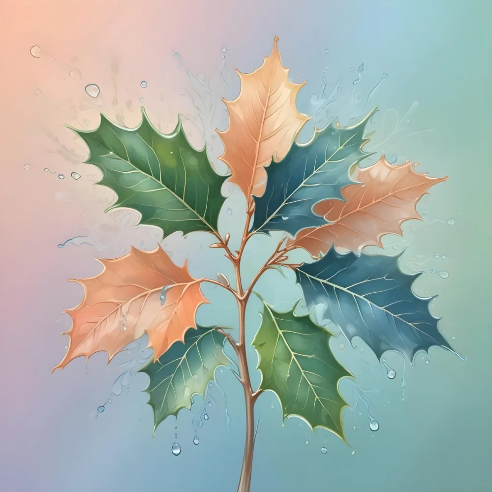A Pastel Colored Holly Tree With Leaves In Shades Of Green Peach And Blue Set Against A Soft Gradient Background With Swirls And Water Droplets 14 Ce1e