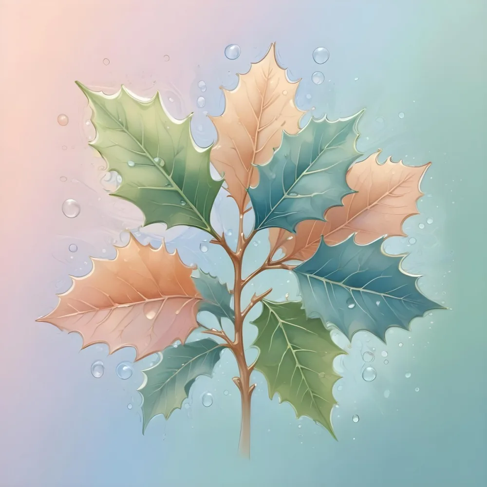 A Pastel Colored Holly Tree With Leaves In Shades Of Green Peach And Blue Set Against A Soft Gradient Background With Swirls And Water Droplets 19 15d6