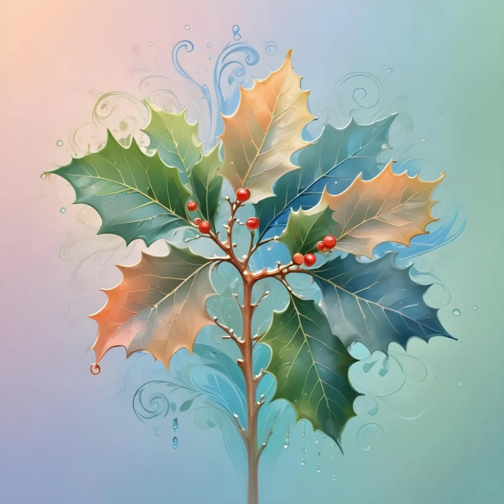 A Pastel Colored Holly Tree With Leaves In Shades Of Green Peach And Blue Set Against A Soft Gradient Background With Swirls And Water Droplets 26 D3b2