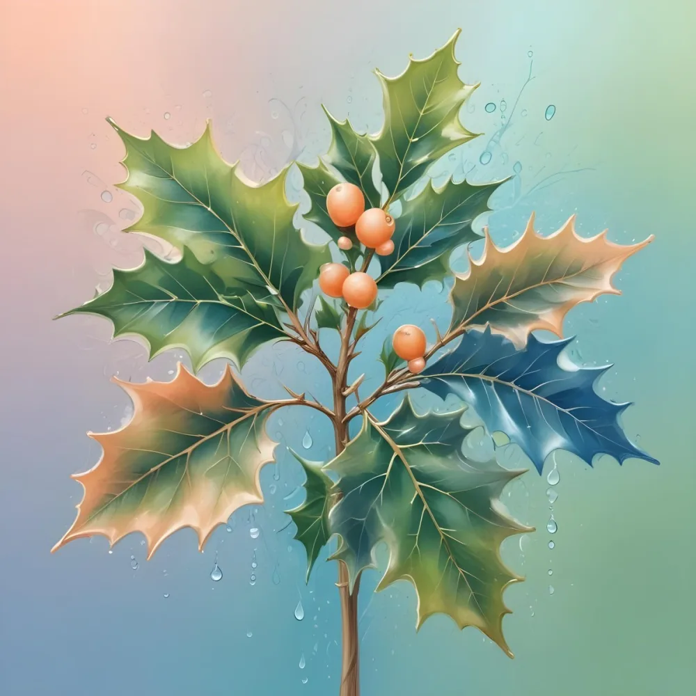 A Pastel Colored Holly Tree With Leaves In Shades Of Green Peach And Blue Set Against A Soft Gradient Background With Swirls And Water Droplets 4 D7e1