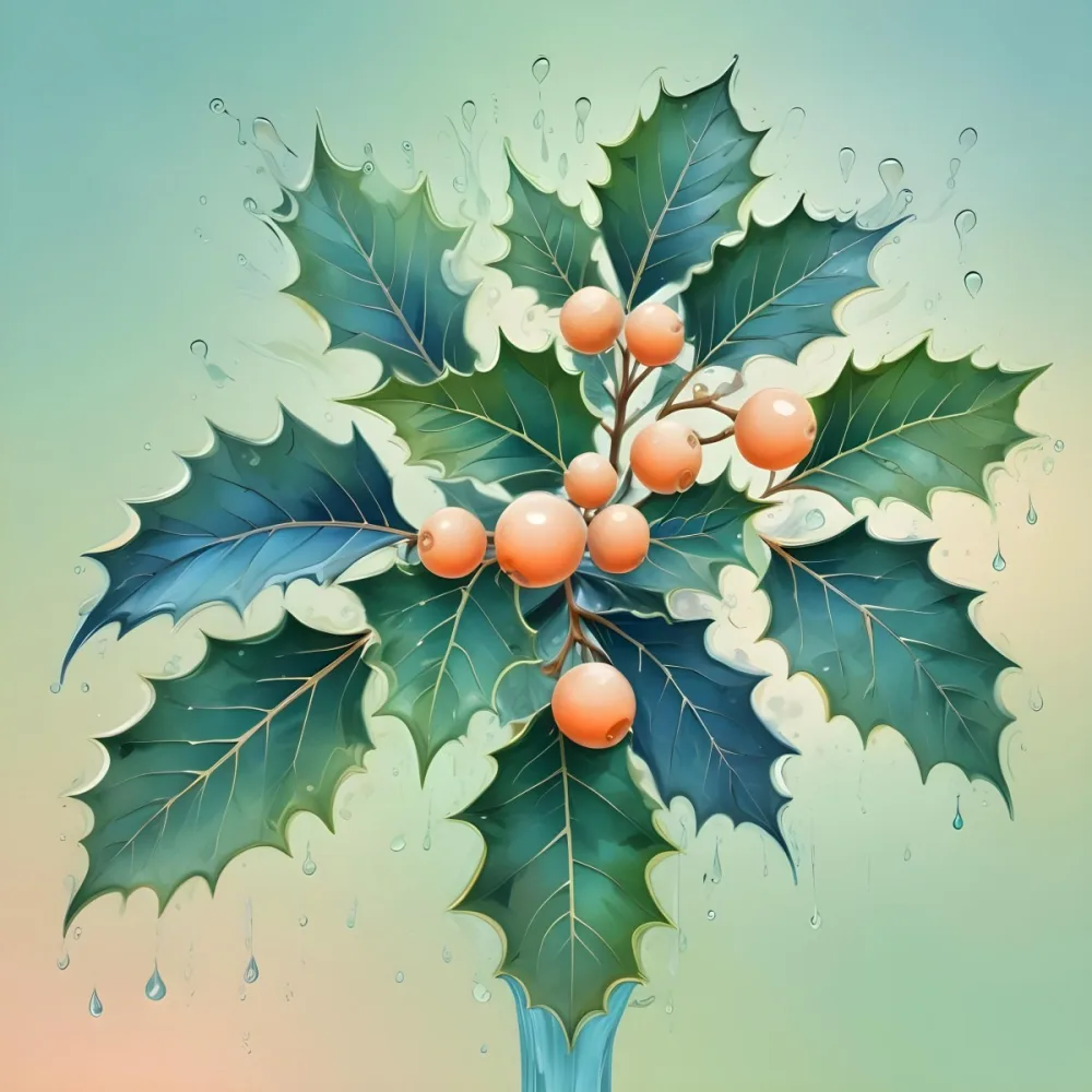 A Pastel Colored Holly Tree With Leaves In Shades Of Green Peach And Blue Set Against A Soft Gradient Background With Swirls And Water Droplets 9 476c