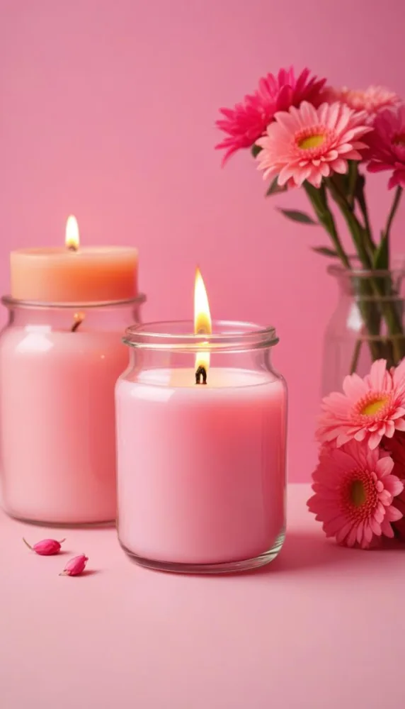 A Pink Candle In A Glass Jar With A Bright Flame Surrounded By Pink Flowers On A Pink Background 1 25ce
