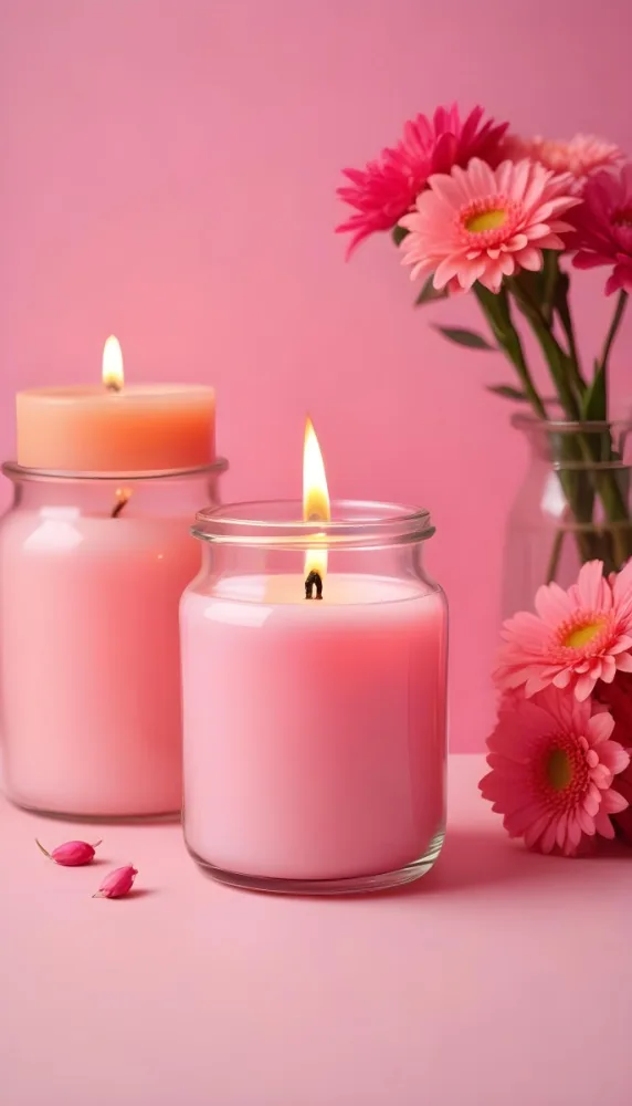 A Pink Candle In A Glass Jar With A Bright Flame Surrounded By Pink Flowers On A Pink Background 1 977d