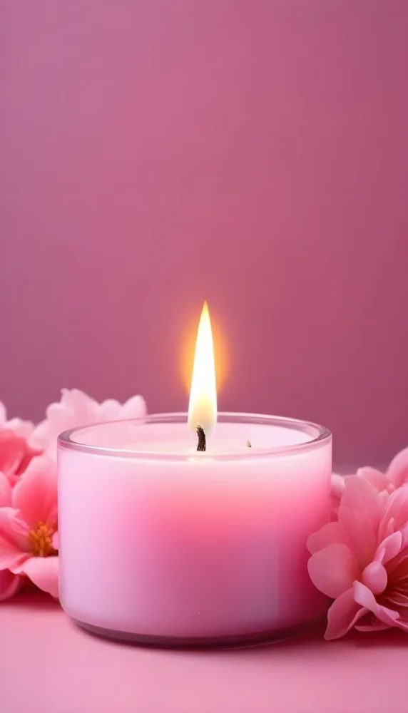 A Pink Candle In A Glass Jar With A Bright Flame Surrounded By Pink Flowers On A Pink Background 15 0d62