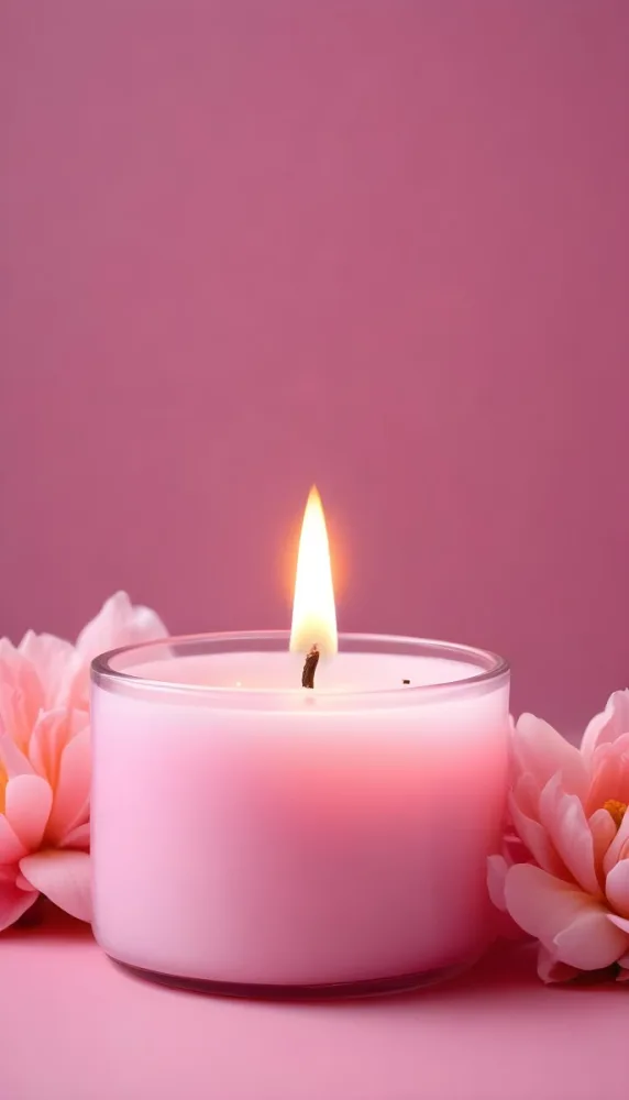 A Pink Candle In A Glass Jar With A Bright Flame Surrounded By Pink Flowers On A Pink Background 19 Fd6a
