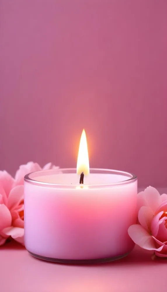A Pink Candle In A Glass Jar With A Bright Flame Surrounded By Pink Flowers On A Pink Background 23 A4be