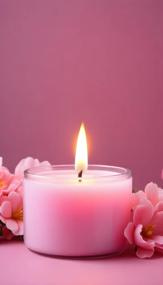 A Pink Candle In A Glass Jar With A Bright Flame Surrounded By Pink Flowers On A Pink Background 24 597d