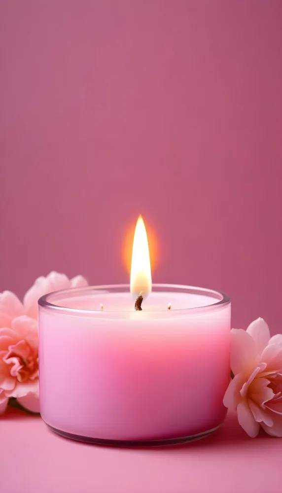 A Pink Candle In A Glass Jar With A Bright Flame Surrounded By Pink Flowers On A Pink Background 25 E648